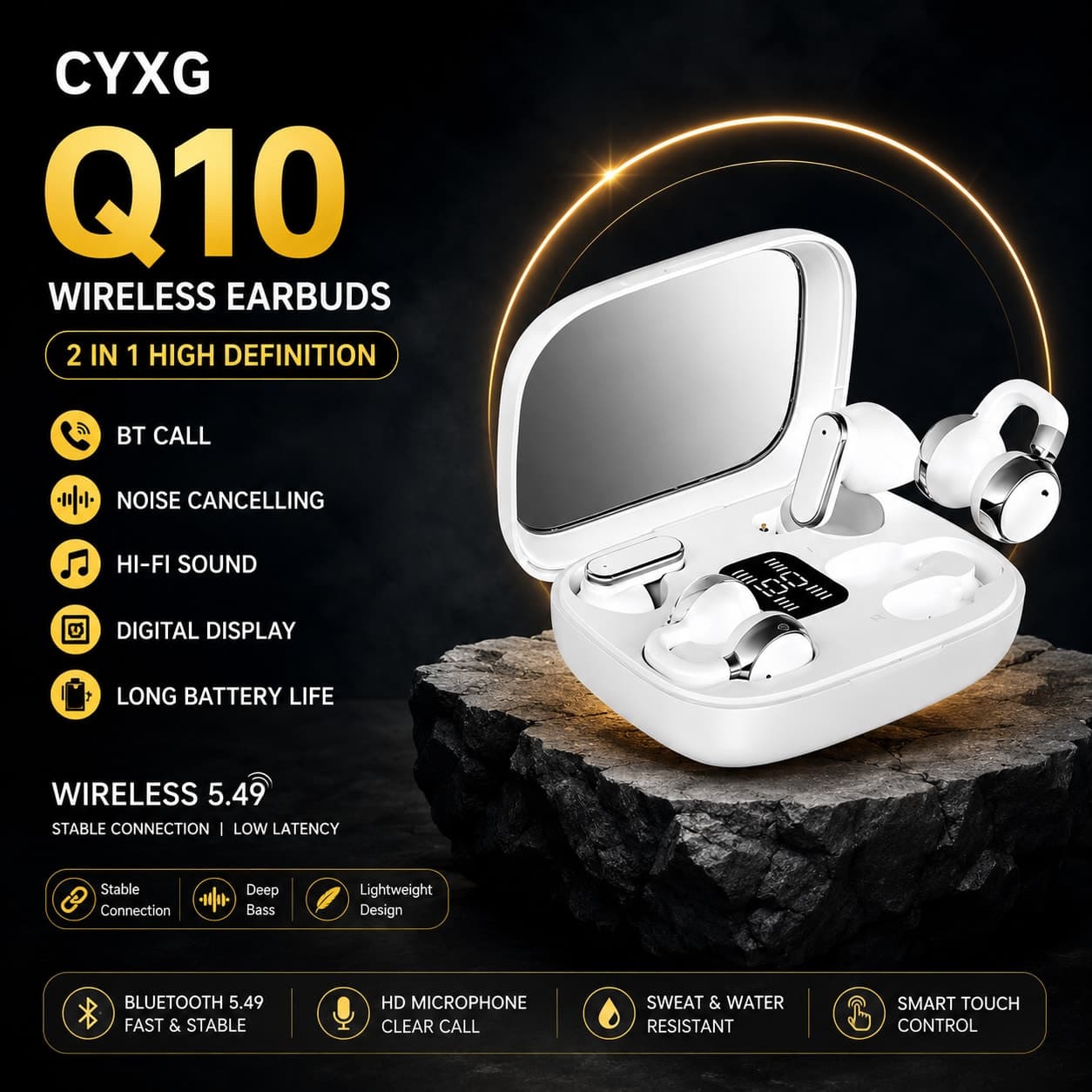 CYXG Q10 Wireless Earbuds Bluetooth 5.49 TWS Earphones with LED Display