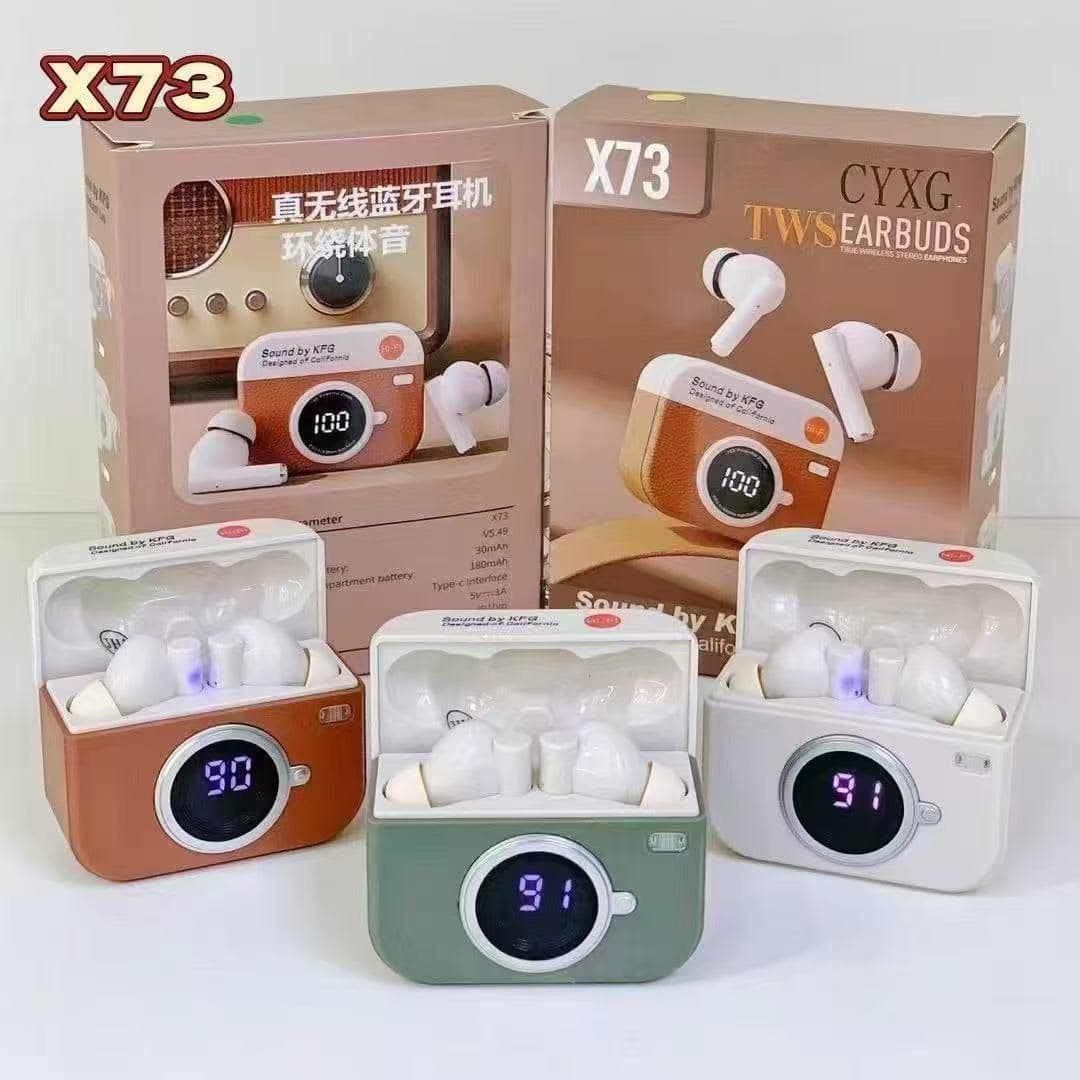 X73 TWS Wireless Earbuds – Sound by KFG, Digital Battery Display & Retro Camera Design